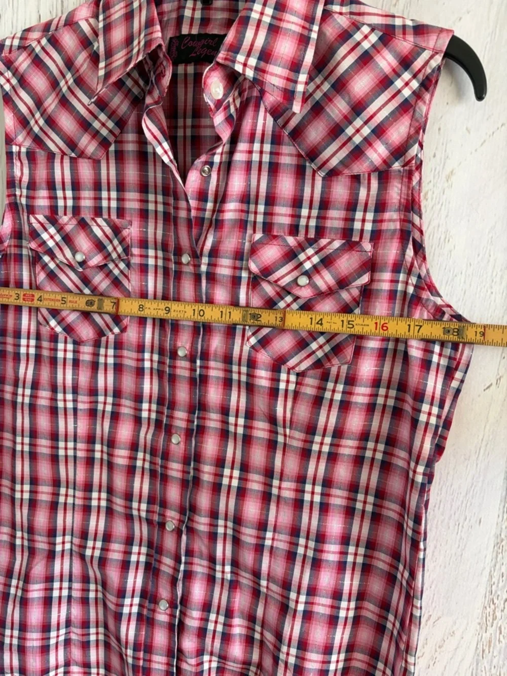 Cowgirl Legend Plaid Western Sleeveless Pearl Snap Shirt — Pink/Red/Navy - Picture 3 of 6
